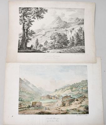 two views of a mountain landscape with a village in the foreground