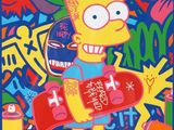 une peinture représentant un personnage de dessin animé tenant un skateboard devant un graffiti