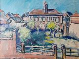 une peinture à l'huile représentant une vue d'une ville depuis une fenêtre