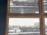 three framed photographs of a horse race with spectators in the stands