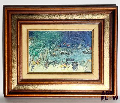 painting of a landscape with a river and trees in a gold frame