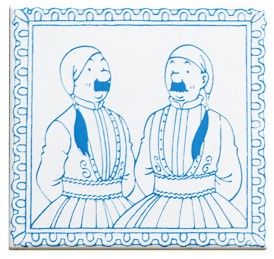 blue and white tile with a picture of two men with mustaches