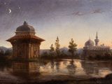 tableau représentant une mosquée et un plan d'eau