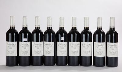 six bouteilles de vin rouge alignées sur une surface blanche