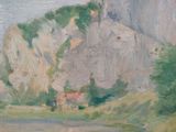 a painting of a mountain with a house in the foreground