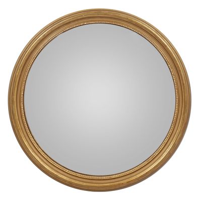 a round mirror with a gold frame on a white background