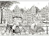 drawing of two people riding bicycles on a bridge in a city