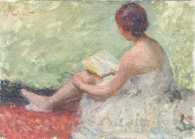 tableau représentant une femme assise sur un lit, en train de lire un livre