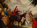painting of a man on a horse with a crowd of people around him