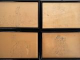 quatre dessins encadrés représentant une femme et un homme à cheval