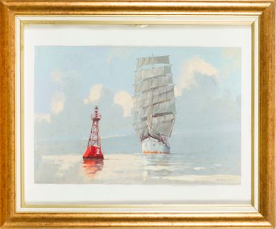 tableau représentant un voilier et une bouée rouge dans l'eau
