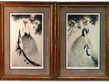 two framed pictures of a woman in a dress and a bird