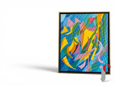 peinture abstraite avec un couteau posé devant, sur une surface blanche