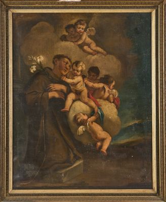 un tableau représentant un tableau sur lequel figure un homme tenant un bébé dans ses bras, entouré d'anges