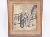 painting of a group of people standing in front of a building
