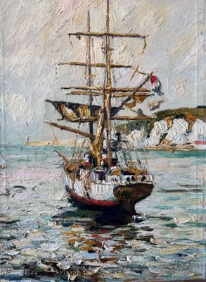 Pierre DUMONT (1920-1987) "Voilier près de la côte"