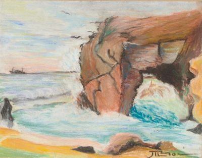 un tableau représentant une personne debout sur une plage