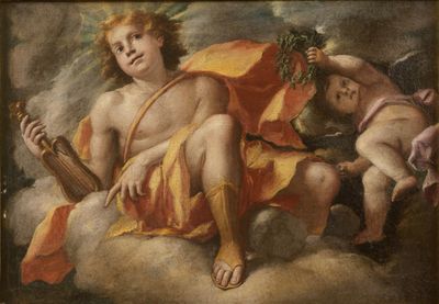 an image of a painting of a man with a guitar and a cupid