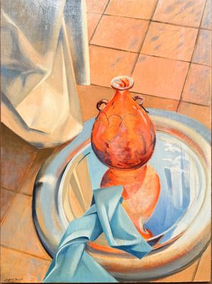 une peinture représentant un vase orange posé sur une assiette bleue