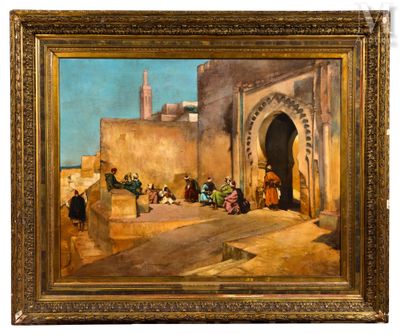 un tableau représentant une scène de rue avec des personnages et des bâtiments