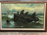 tableau représentant un groupe d'hommes dans un bateau sur une mer agitée