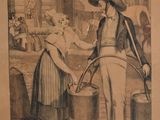 drawing of a man and a woman standing in front of a barrel
