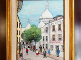 peinture d'une scène de rue avec des personnes marchant dans la rue