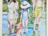 painting of a group of people standing on a beach next to a body of water
