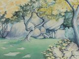 a watercolor painting of trees and rocks in a field