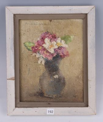painting of a vase with flowers in it on a beige background