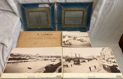 three old black and white photos of a beach with a boat and a pier