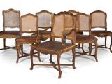 lot de six chaises de salle à manger à dossier en osier français, avec assise rembourrée en cuir