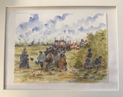 framed watercolor painting of a group of people in a field