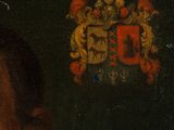an old painting of a man with a coat of arms on his head