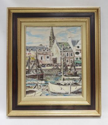 tableau représentant des bateaux dans un port, avec une église en arrière-plan