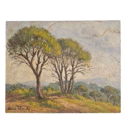 une peinture représentant trois arbres sur une colline, avec le ciel en arrière-plan