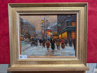 un tableau représentant des personnes marchant dans la rue sous la neige