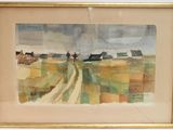 framed watercolor painting of a farm scene with a man on a horse