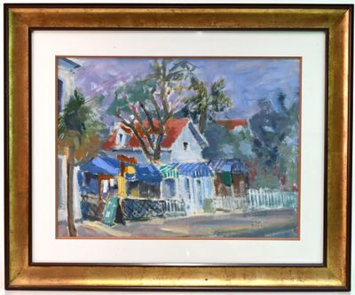 tableau représentant une scène de rue avec une maison blanche au toit rouge
