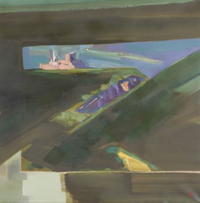 an image of a painting of a plane flying through the sky
