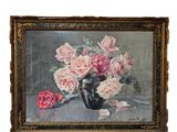 tableau représentant des roses roses dans un vase noir posé sur une table
