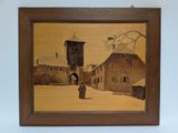 a picture of a painting of a woman walking in the snow