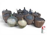 many different types of vases and baskets on a white surface