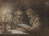 an image of a painting of two men sitting at a table with a candle