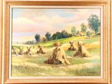 an oil painting of a farm scene with hay stacks in the foreground and trees in the background