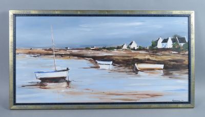 une peinture de bateaux dans l'eau sur la plage