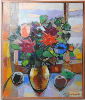 une peinture de fleurs dans un vase sur une table