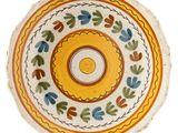 an overhead view of a yellow and blue bowl with leaves on it