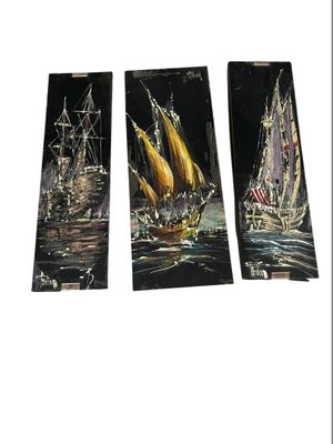 three paintings of sailboats in a row on a white background