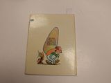a card with a picture of a man on a surfboard
